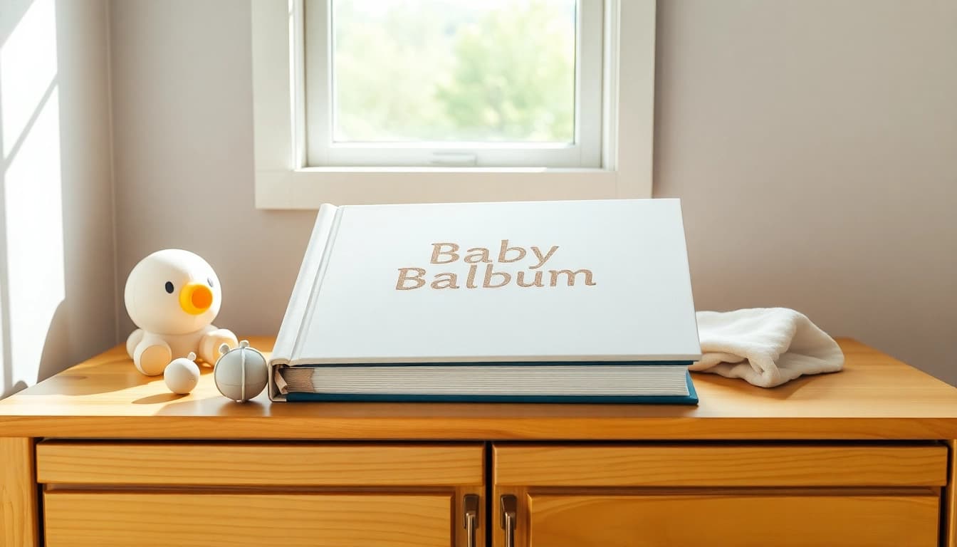 Ein liebevoll gestaltetes Babyalbum mit sanften Farben und Spielzeug, ideal für die Erinnerung an die ersten Jahre.
