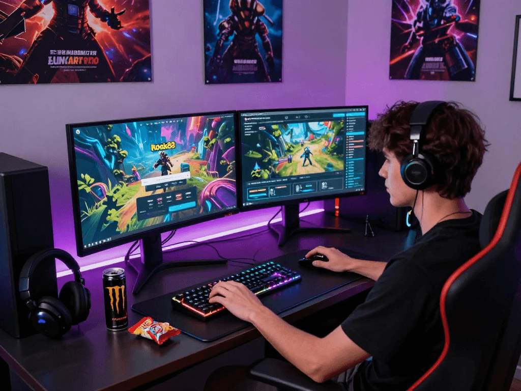 Engaged gamer at workstation for rokok88 login, showcasing vibrant gaming setup and online strategy