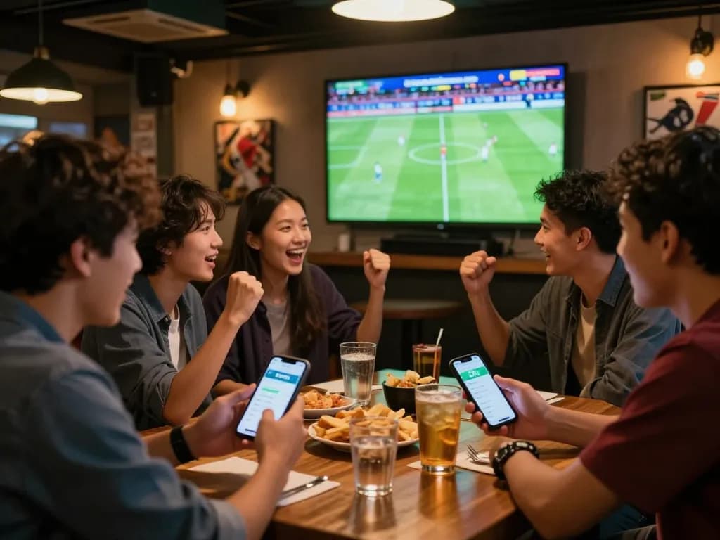 Exciting friends engaging in soi kèo bóng đá while watching a football match.