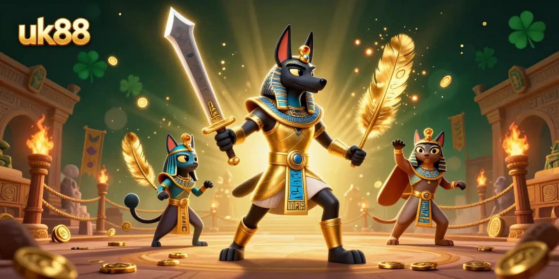 Engage with thrilling gameplay on uk88, featuring an Egyptian warrior and vibrant casino elements