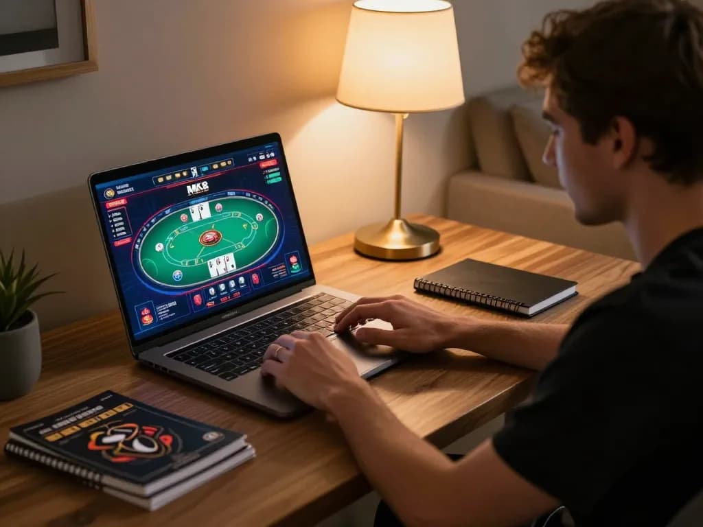 Player enjoying MK8 online gambling on laptop at stylish home desk with strategic notes
