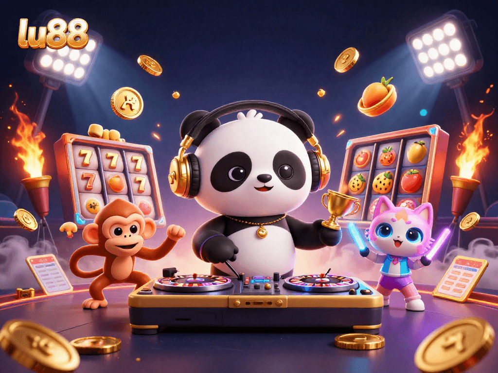 LU88 offers thrilling slots with dynamic features, illuminated by golden coins and vibrant characters.