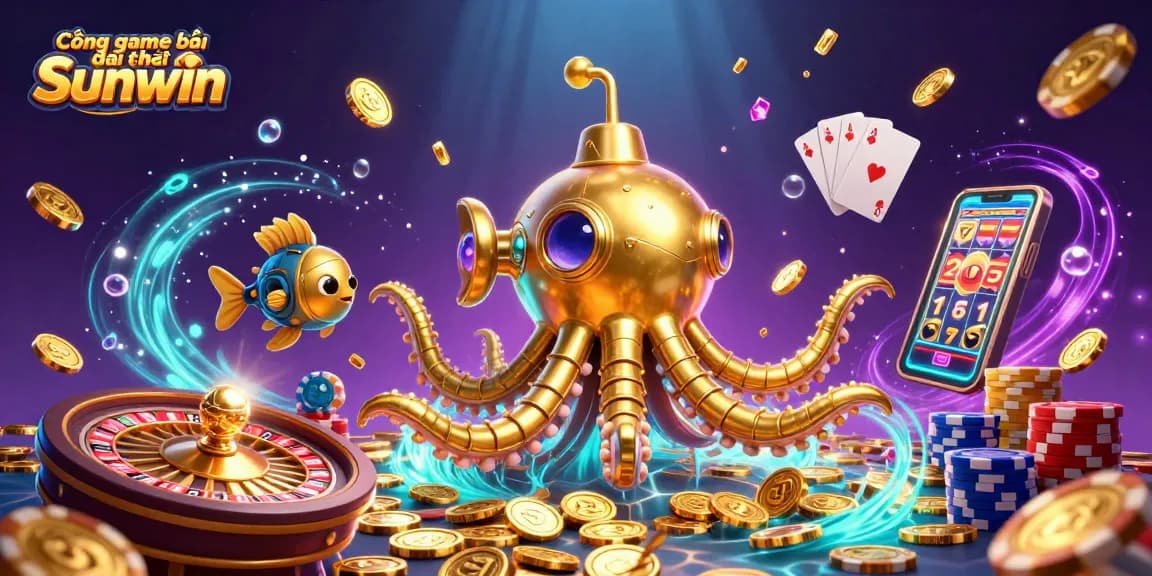 Experience the excitement of Cổng game bài đổi thưởng Sunwin with dynamic elements, gold coins, and gaming action.