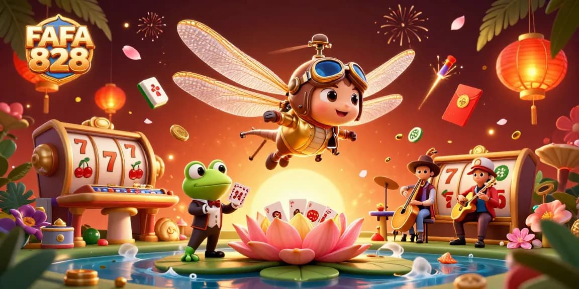 Experience thrilling gaming with FAFA 828 at a lively lily pad casino featuring playful characters.