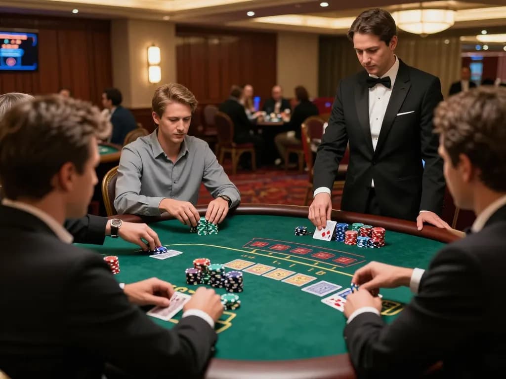 Players enjoying an exciting blackjack game at man88 casino, showcasing strategic gameplay with a professional dealer.