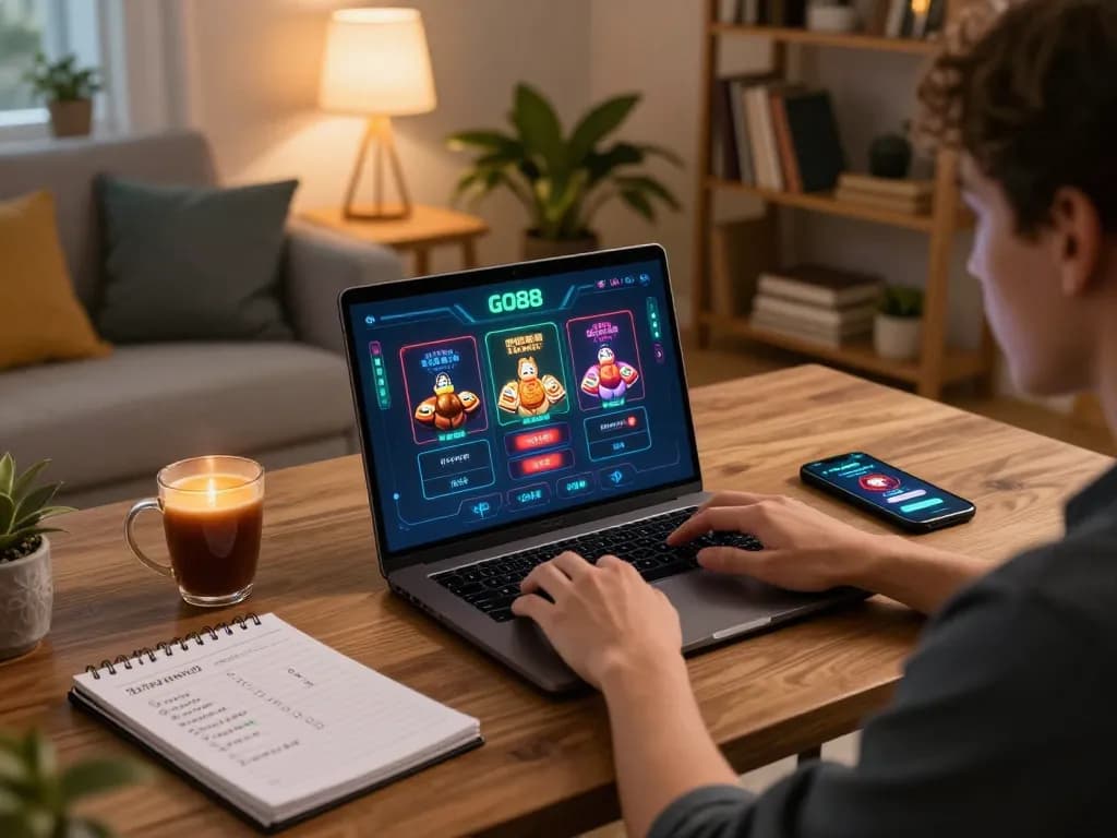 Engaged player enjoying GO88 online casino game setup at home with strategy notes and a warm beverage.