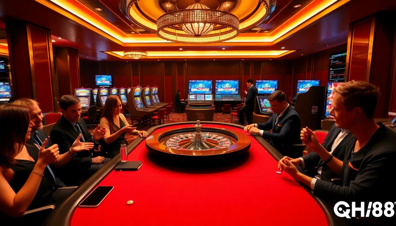 Players engaging in high-stakes poker at QH88 casino with vibrant lighting and luxurious décor.