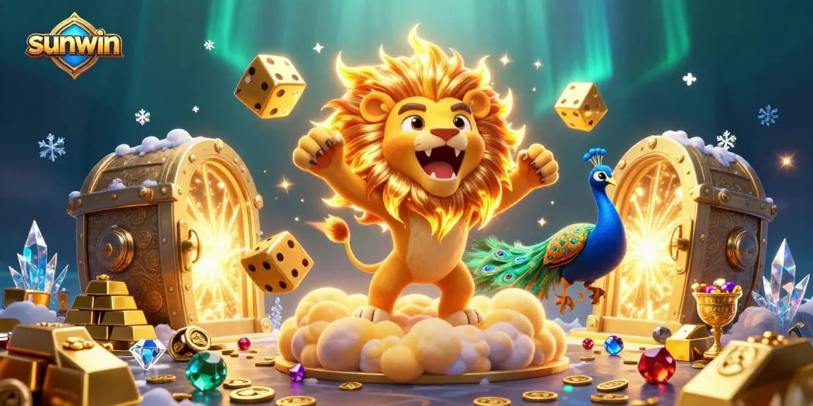 Join the sunwin adventure with a roaring sun lion and golden treasures in this vibrant casino scene.