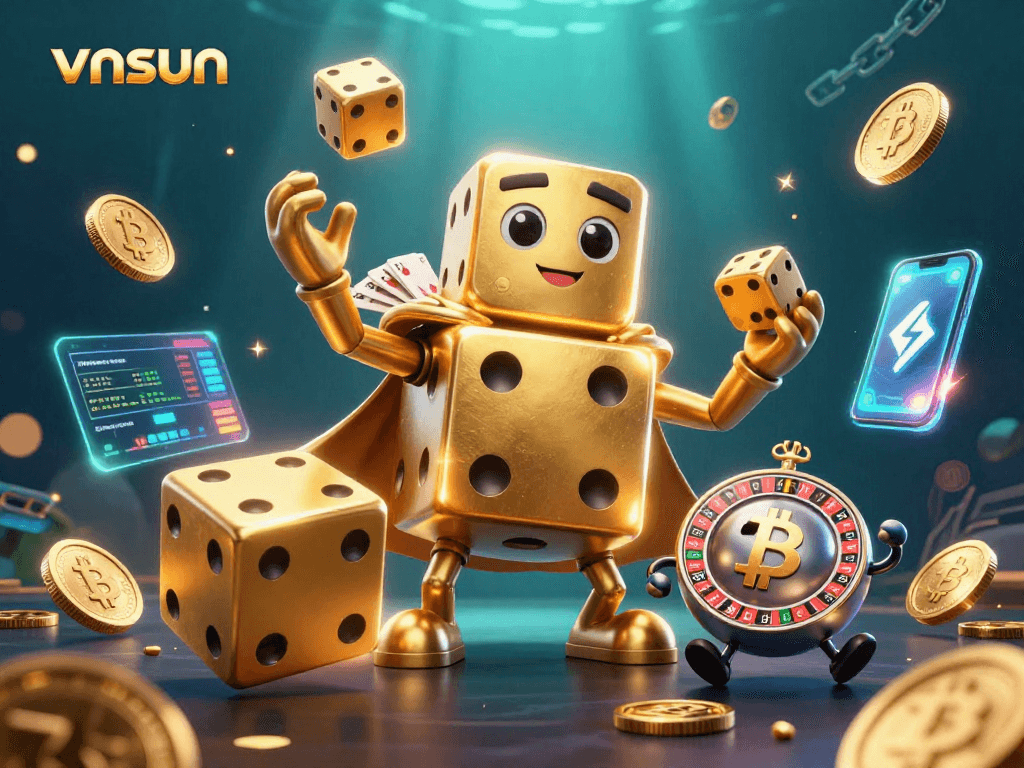 Bet enthusiasts delight at vnsun's vibrant casino universe with golden dice and crypto elements.