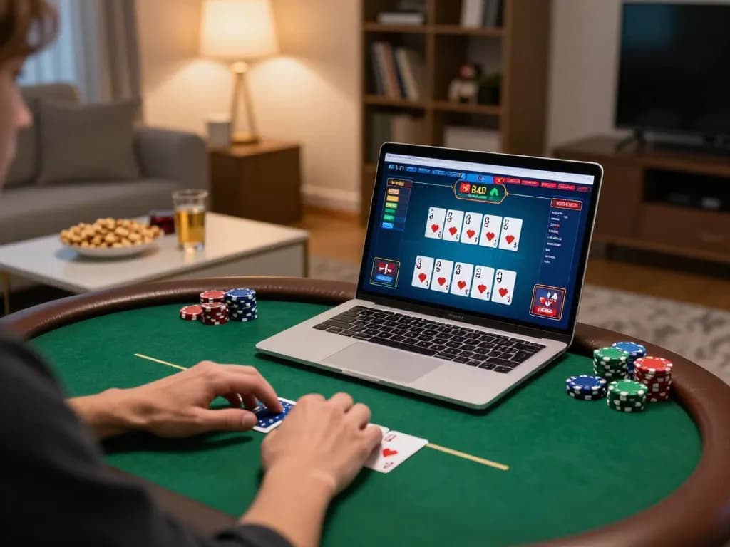 Engaged in online poker, a player uses their laptop at home, showcasing the Go8 gaming interface.