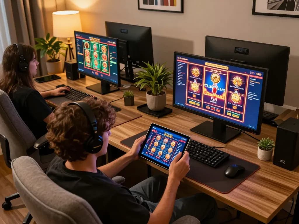 Người dùng câu lạc bộ B52 tận hưởng trò chơi slot trực tuyến trên máy tính bảng trong một không gian ấm cúng tại nhà