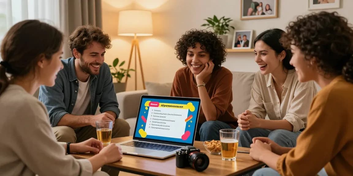 Freunde beim Quiz Allgemeinwissen in einem gemütlichen Wohnzimmer mit Snacks