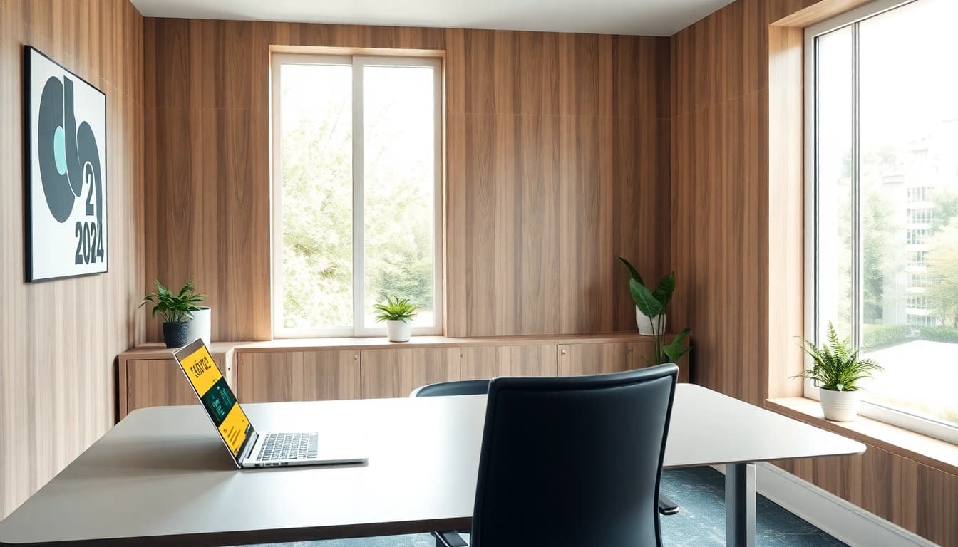 Verwenden Sie die Office 2024 Lizenz in einem stilvollen Büro mit einem Laptop und hellem Tageslicht.