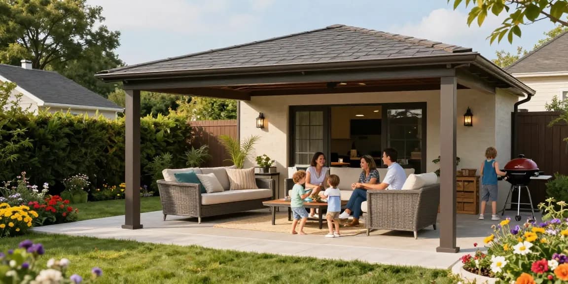 Freistehende Terrassenüberdachung im Garten mit Familie und Blumenbeeten.