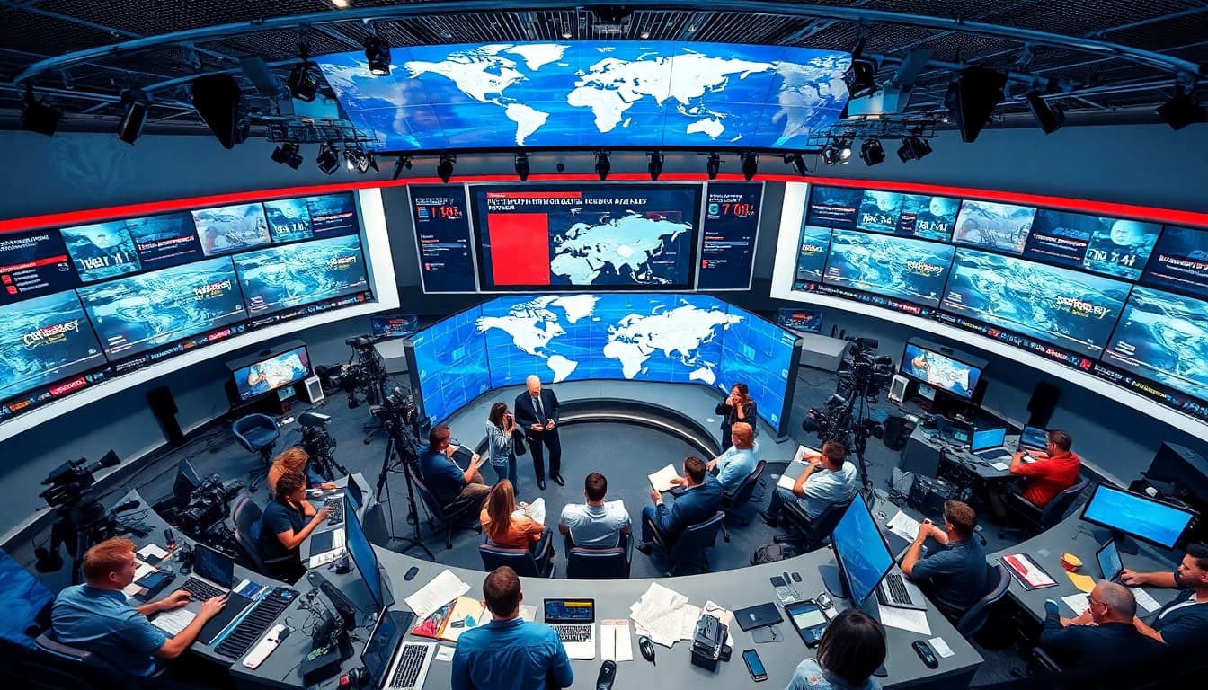 Erleben Sie Internationale Nachrichten hautnah in einem lebhaften Newsroom mit Reportern und aktuellen Meldungen.