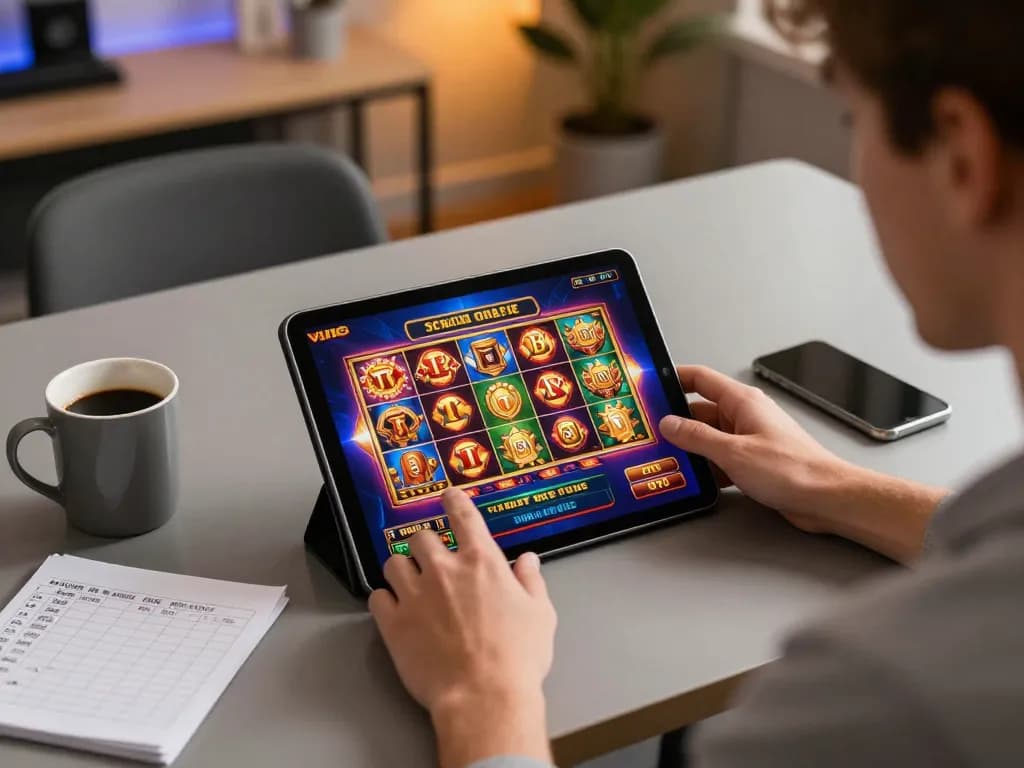 Engaging in online slots on https://va88.uno/ with a winning moment displayed on tablet screen