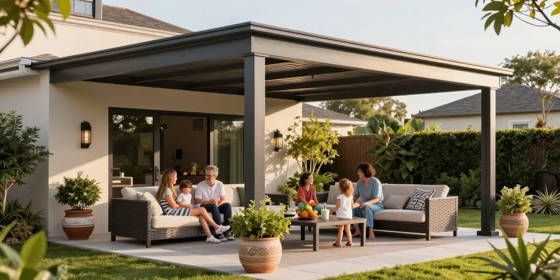 Terrassenüberdachung auf modernem Patio mit Familie, Pflanzen und gemütlichem Sitzbereich.