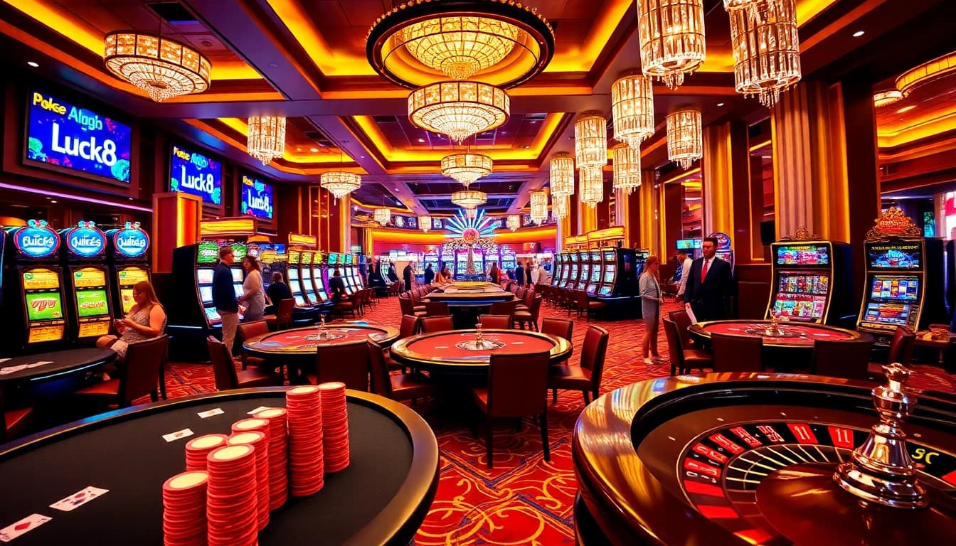 Luck8 players engaging in vibrant casino action with poker tables and slots for a thrilling gambling experience.