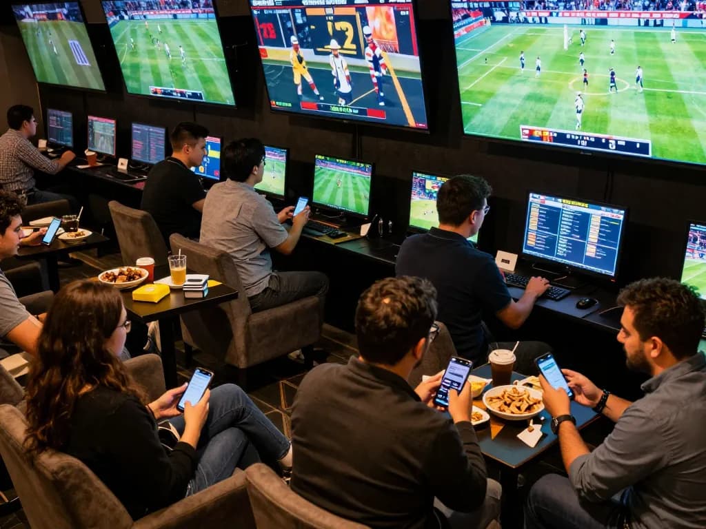 Tg88 mba players engaging in real-time sports betting with multiple screens displaying live events.
