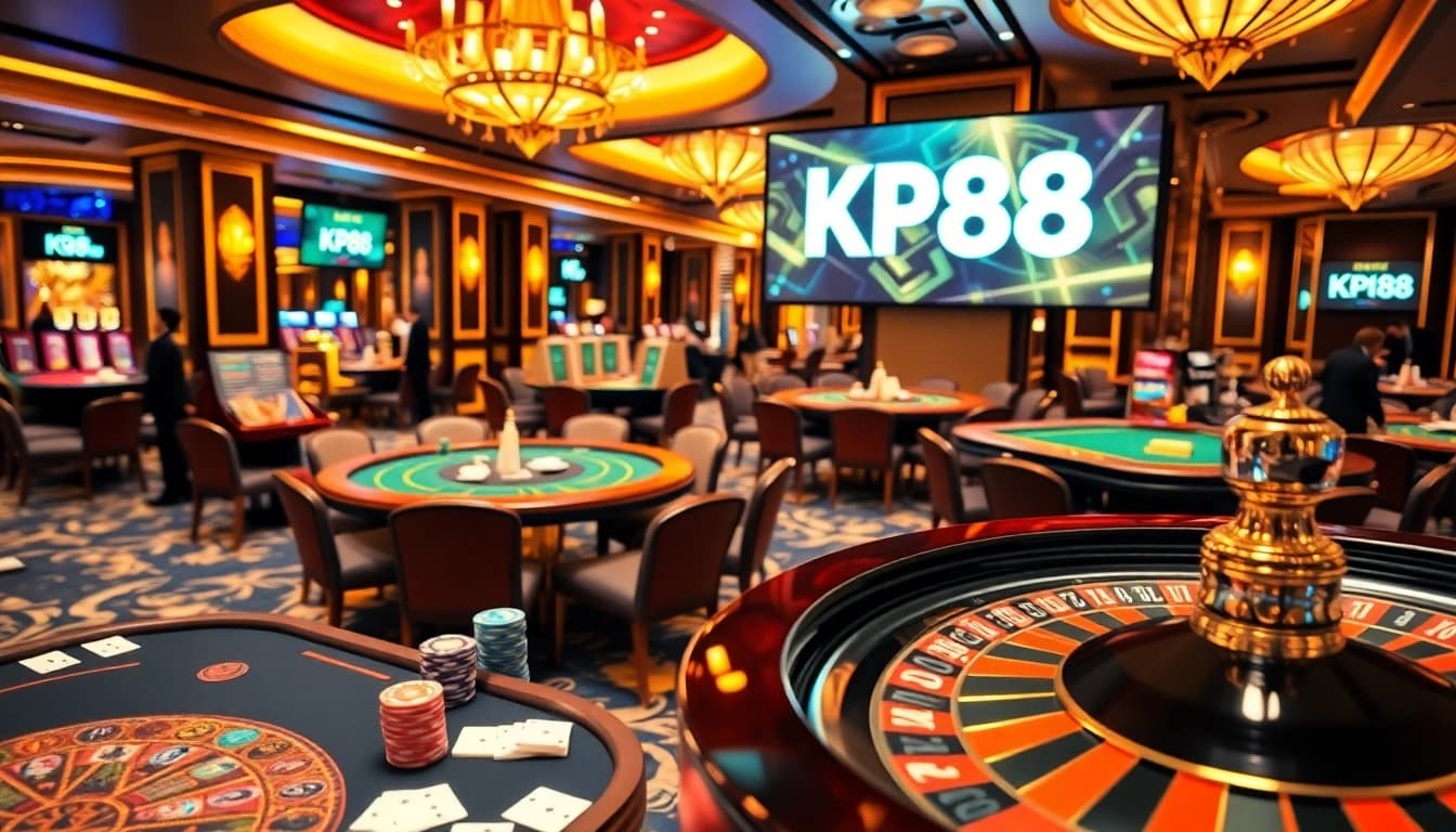 Exciting casino gaming atmosphere featuring the kp88 link displayed amidst poker chips and roulette wheels.