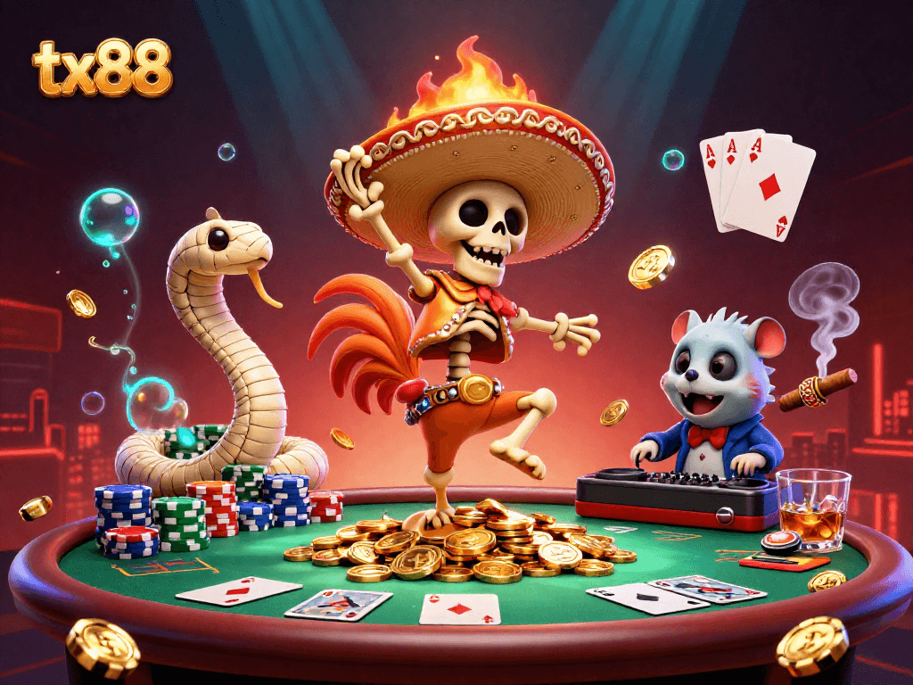 Experience the excitement of tx88 with a lively casino scene featuring vibrant characters and poker elements.