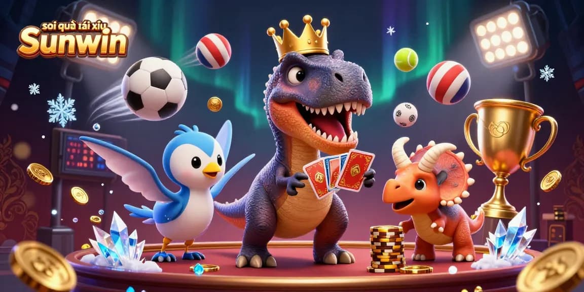 Soi cầu tài xỉu Sunwin illustration featuring a T-Rex shuffling cards with a pterodactyl assistant and a triceratops stacking chips.