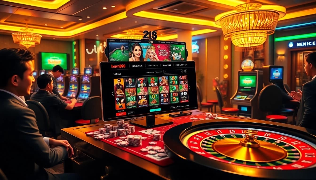 Players enjoying a lively bem88 online casino experience with poker chips and slot machines.