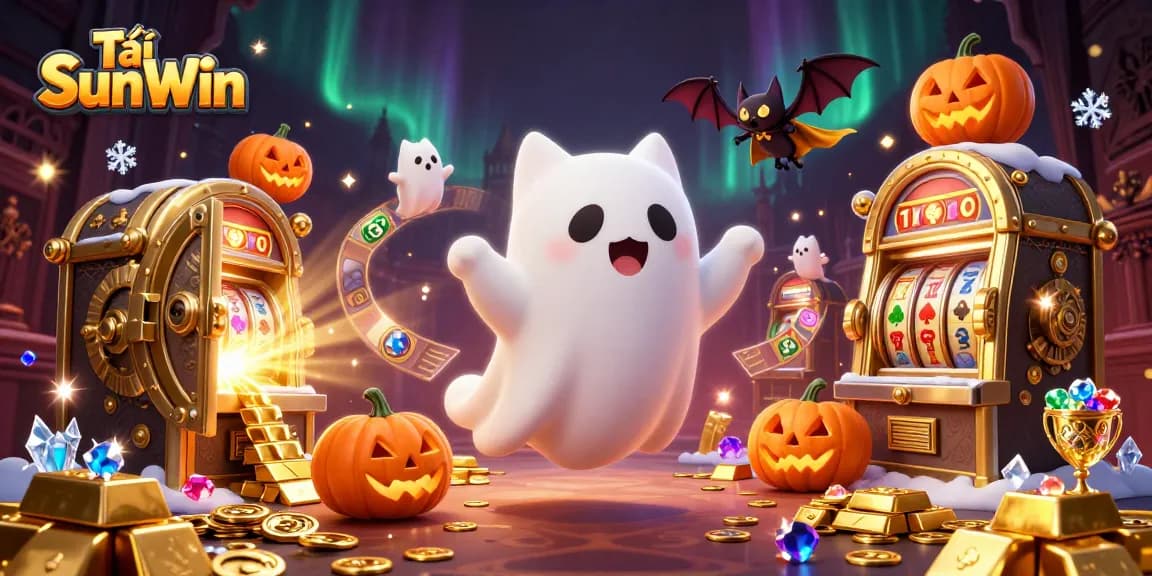 Tải SunWin showcases a friendly ghost cat in a haunted casino bliss, highlighting slots, gold, and gems.