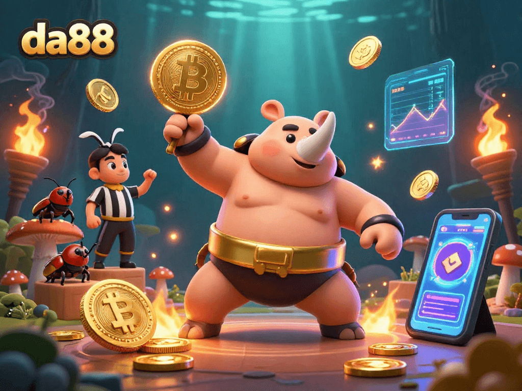 Experience the excitement of da88 with a dynamic illustration featuring a beetle champion in action, showcasing vibrant casino elements.