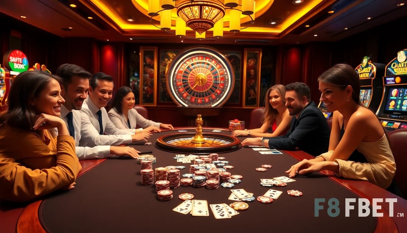 Experience the thrill of F8 BET at a luxurious poker table surrounded by high-stakes gamblers.