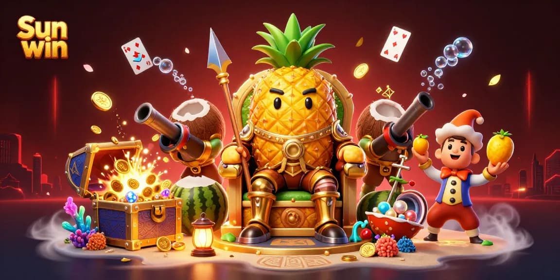 Sun win brings excitement with a vibrant 3D casino scene featuring tropical characters and treasures.