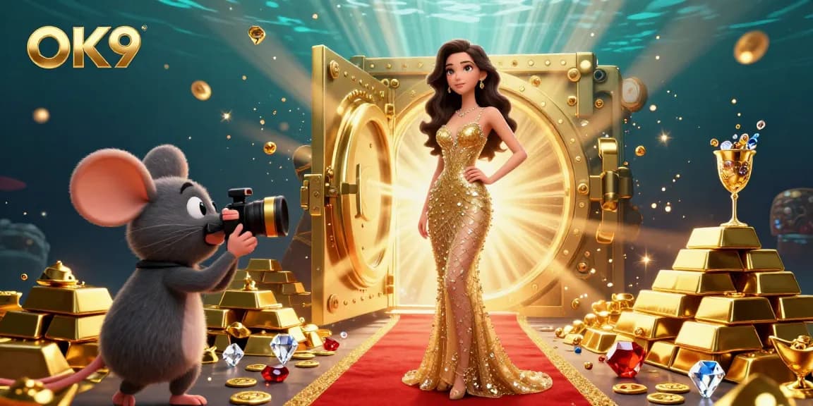 Engage with OK9's thrilling gaming experience featuring stunning characters amidst a treasure-packed casino scene.