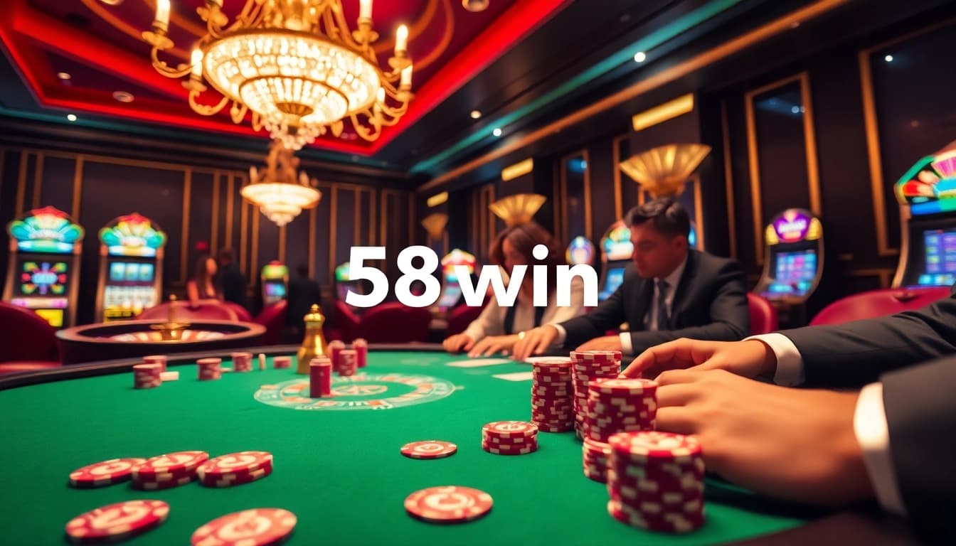 Experience the thrill of 58win at a high-stakes poker game, with vibrant visuals of chips and cards.