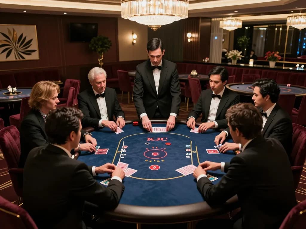 Players engaging at KJC's exclusive poker table, showcasing luxurious ambiance and strategic gameplay
