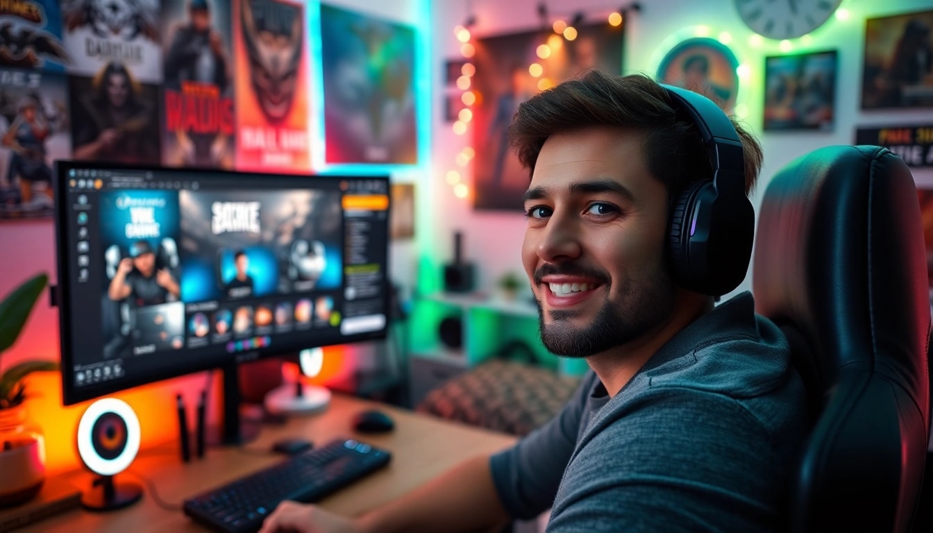 Twitch Streamer Österreich in an engaging home gaming setup showcasing vibrant RGB lights.