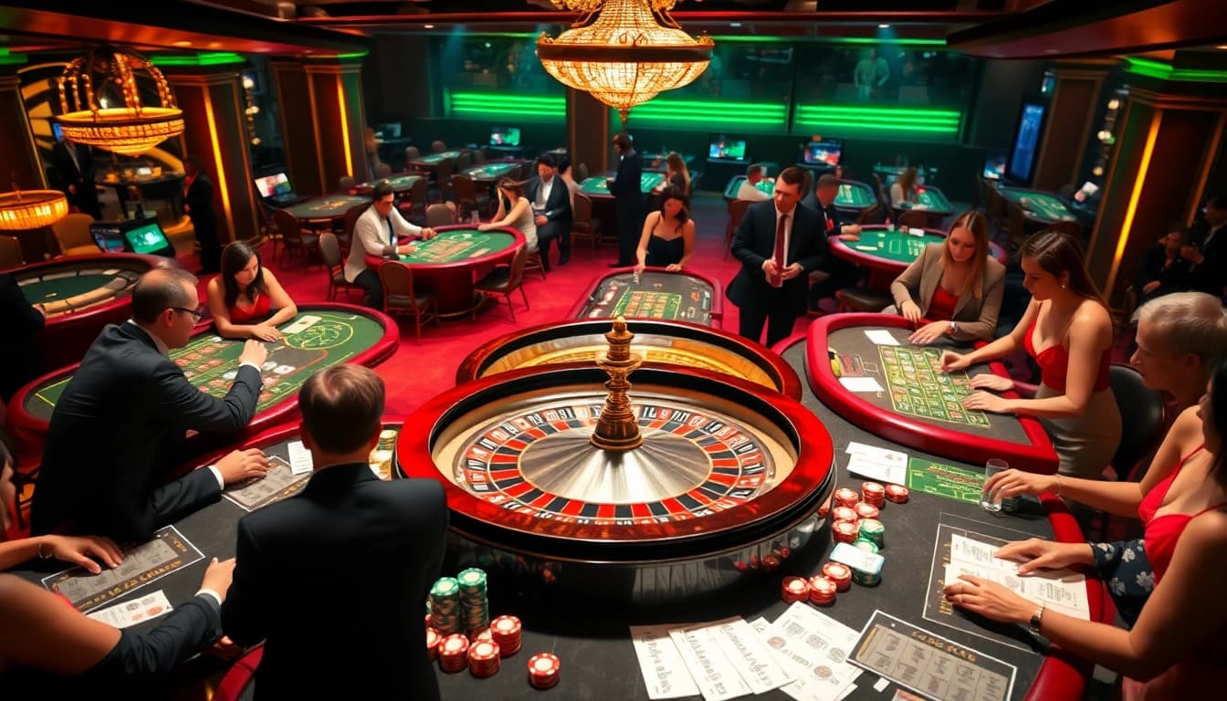 Engaged gamblers enjoying thrills at the luxurious casino scene inspired by https://luck8.plus/.