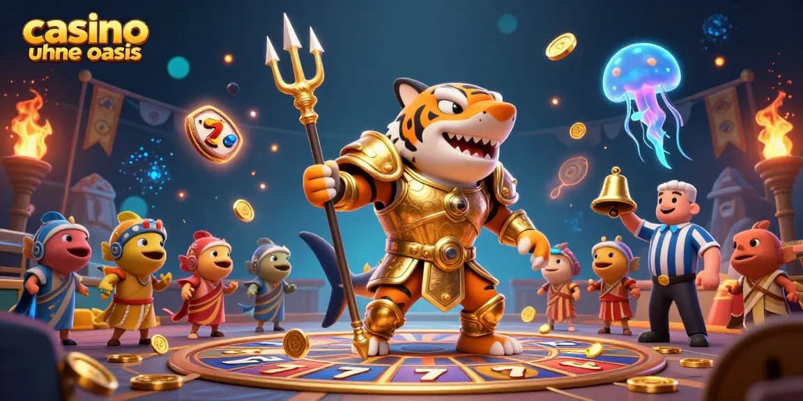 Catching big wins at a casino ohne oasis, with a fierce tiger shark in gladiator armor and slot game elements swirling around.