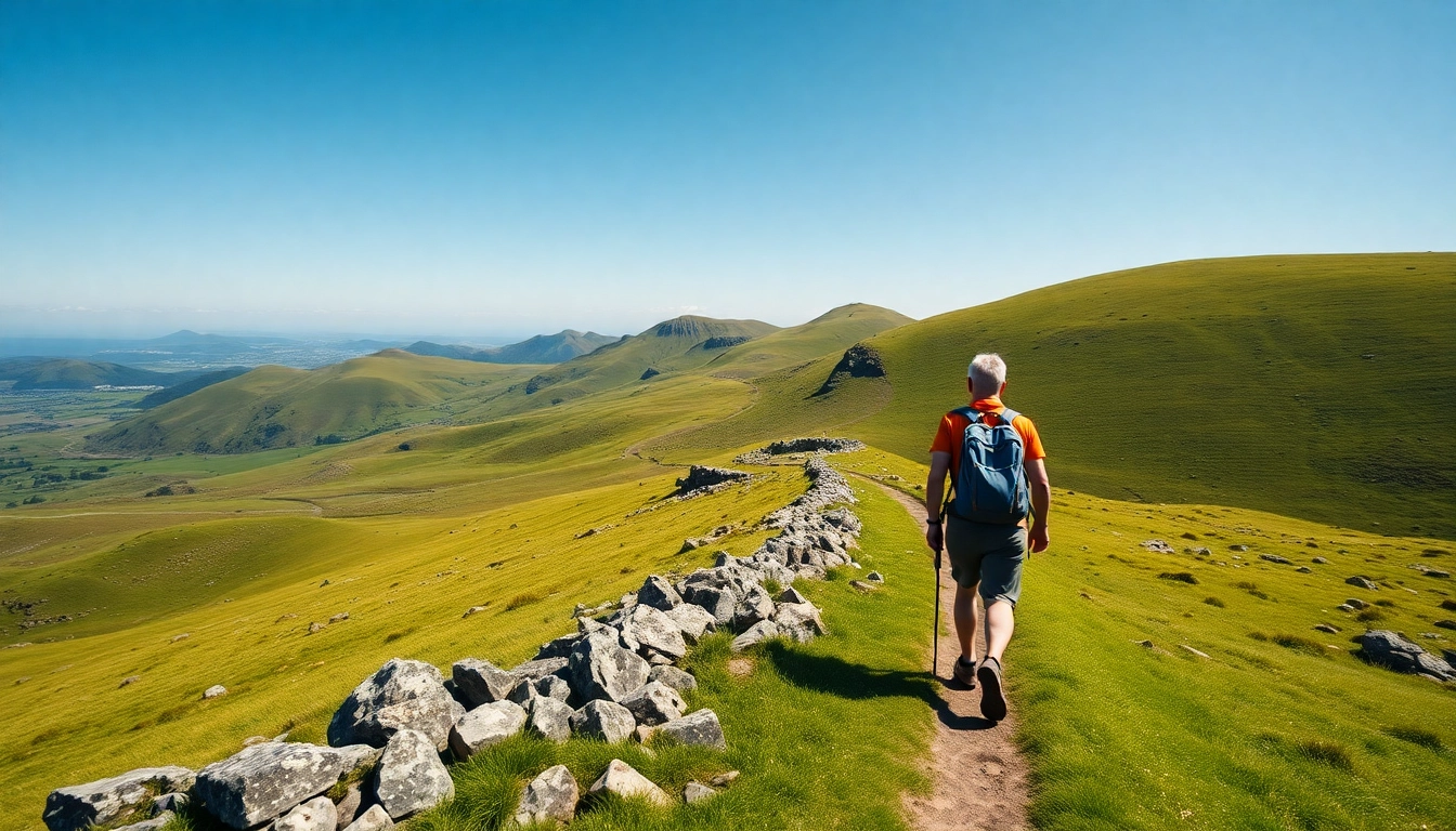 Wanderer auf dem Kerry Way Irland bewundert die malerische grüne Landschaft.