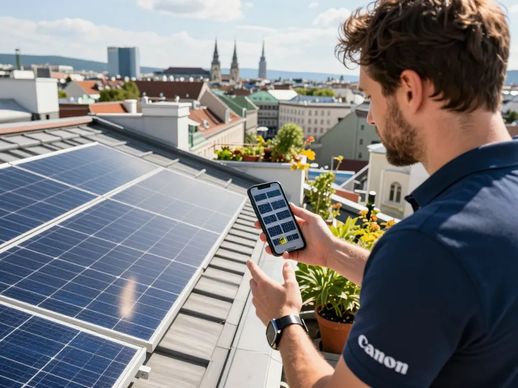 Kunde erkundet Optionen für Solarpaneele in Wien und zeigt die Dienstleistungen von Solar Wien vor der städtischen Skyline.