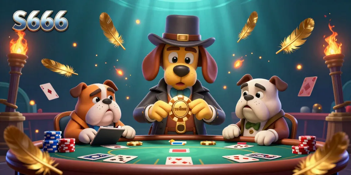 S666 casino scene with a detective and a bulldog examining a poker chip, surrounded by vibrant gambling elements.