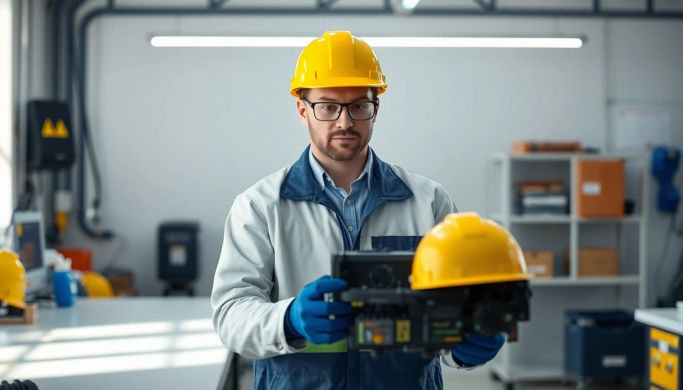 Technician conducting a Geräteprüfung with specialized tools and safety gear in a well-lit environment.