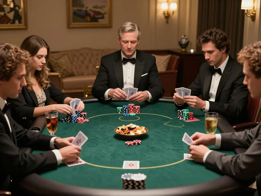 Các game thủ Rik vip tham gia một ván bài poker cược cao trong một không gian sang trọng, thể hiện lối chơi chiến lược.