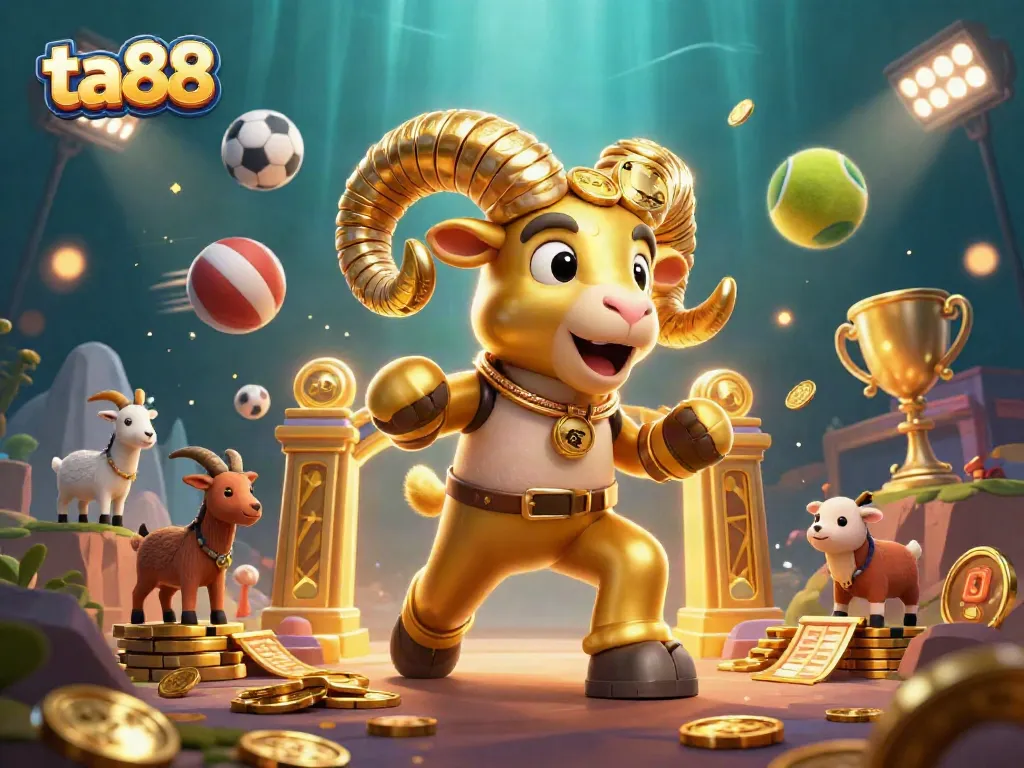 Experience thrilling gaming action at ta88 with a dynamic illustration of a golden ram and sports elements.