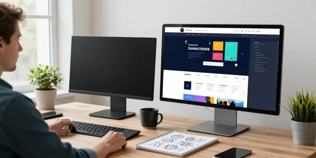 Webdesign Saarland: Designer in modernem Studio schafft responsive Websites mit natürlichen Materialien.