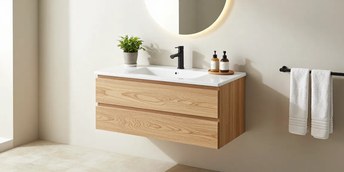 Stijlvol wastafelmeubel in een moderne badkamer met natuurlijk licht en elegante decoratie.