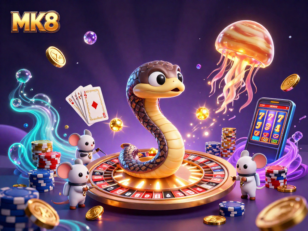Experience the excitement of MK8 with a dazzling cosmic casino scene featuring unique characters and vibrant gambling elements.