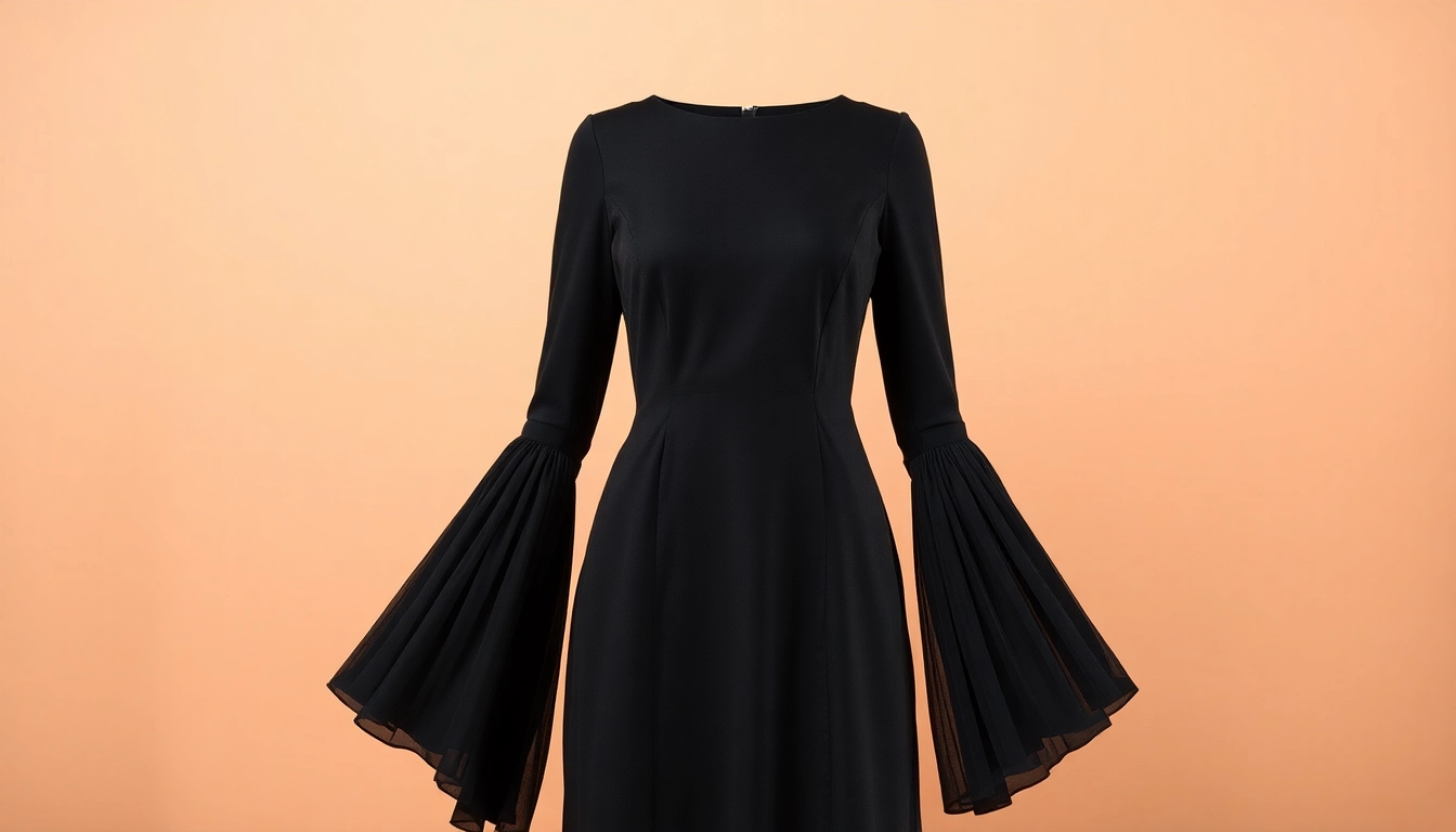 Elegantes schwarzes Minikleid für Frauen mit langen Ärmeln und gerafftem Design