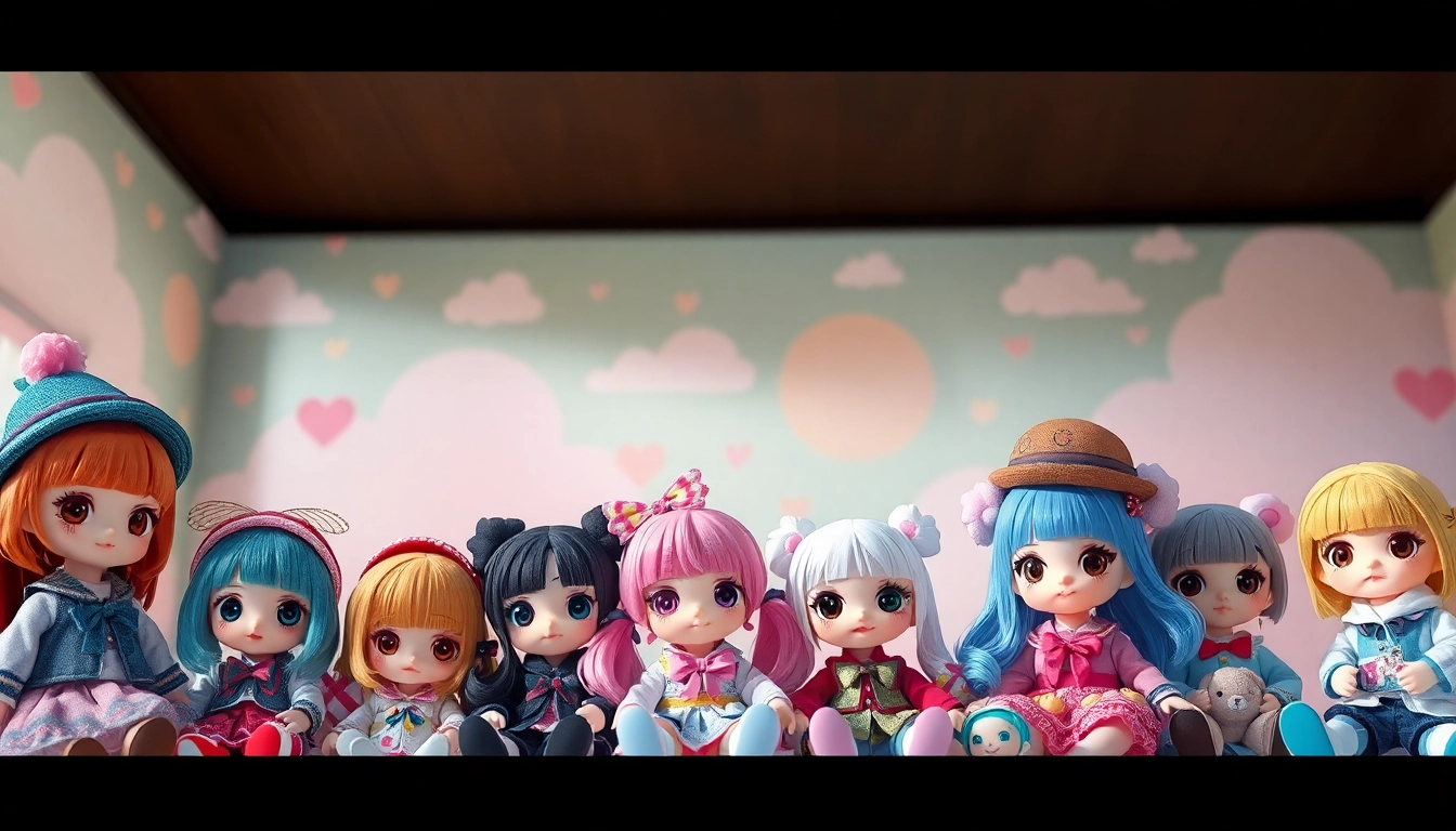Erfreuliche Anordnung von Gutdolls mit einzigartigen Designs vor pastellfarbenem Hintergrund.
