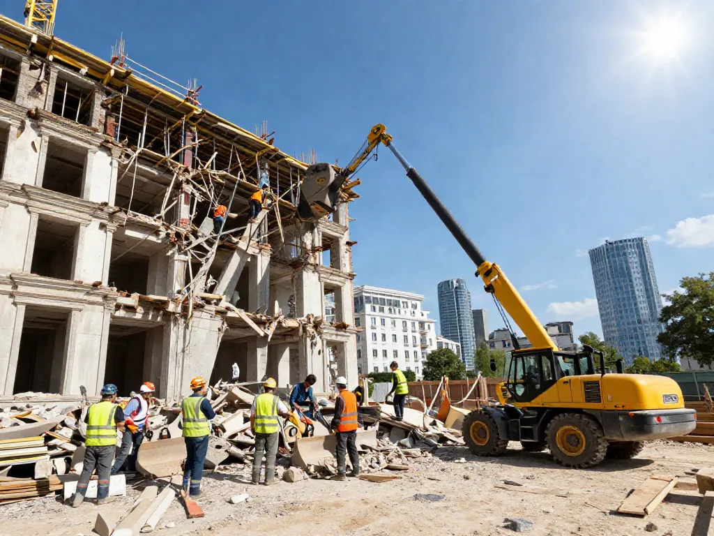 Abriss Wien auf einer Baustelle mit Arbeitern, die ein historisches Gebäude abreißen und Baugeräte nutzen.