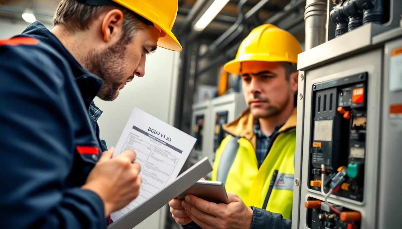 Electrician performing a DGUV V3 Prüfung, ensuring workplace safety with precision and care.